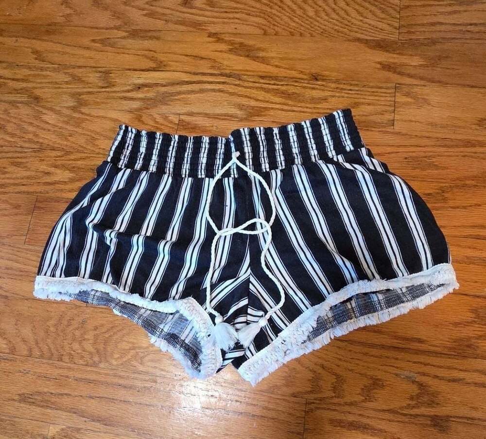 No Boundaries Black and White Striped Smocked Waist Lace Trim Lounge Shorts